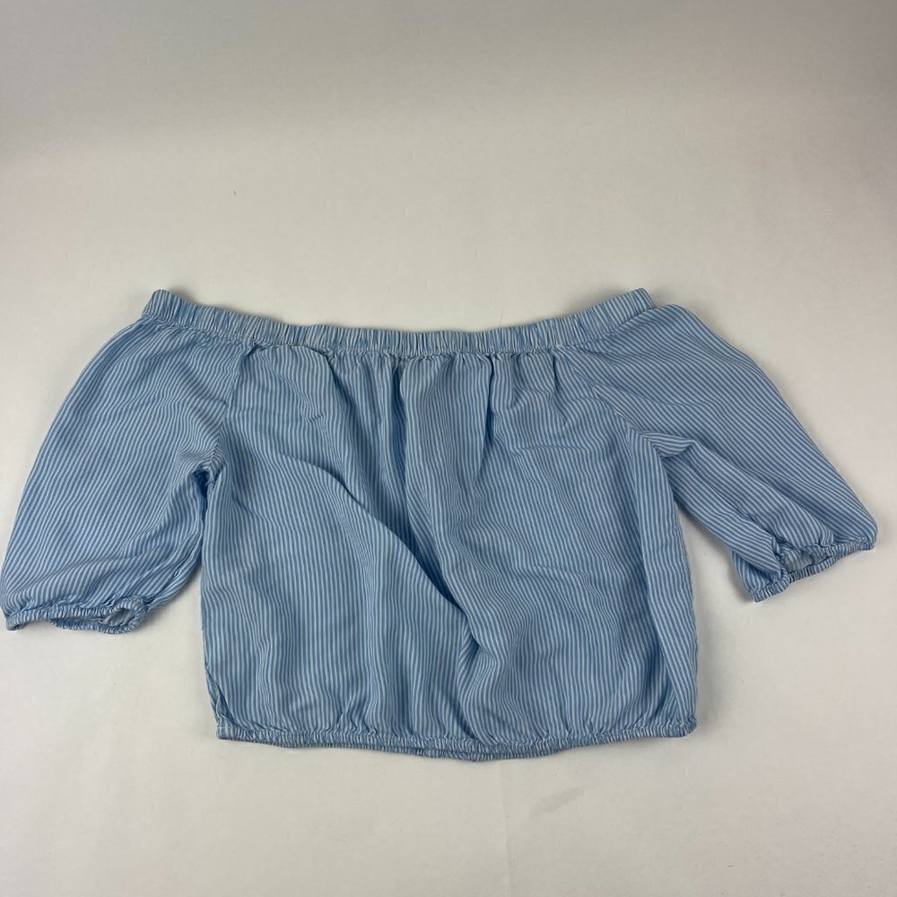 Ambiance Shirt Womens Medium Blue White Striped Off Shoulder Short Sleeve - Picture 8 of 9
